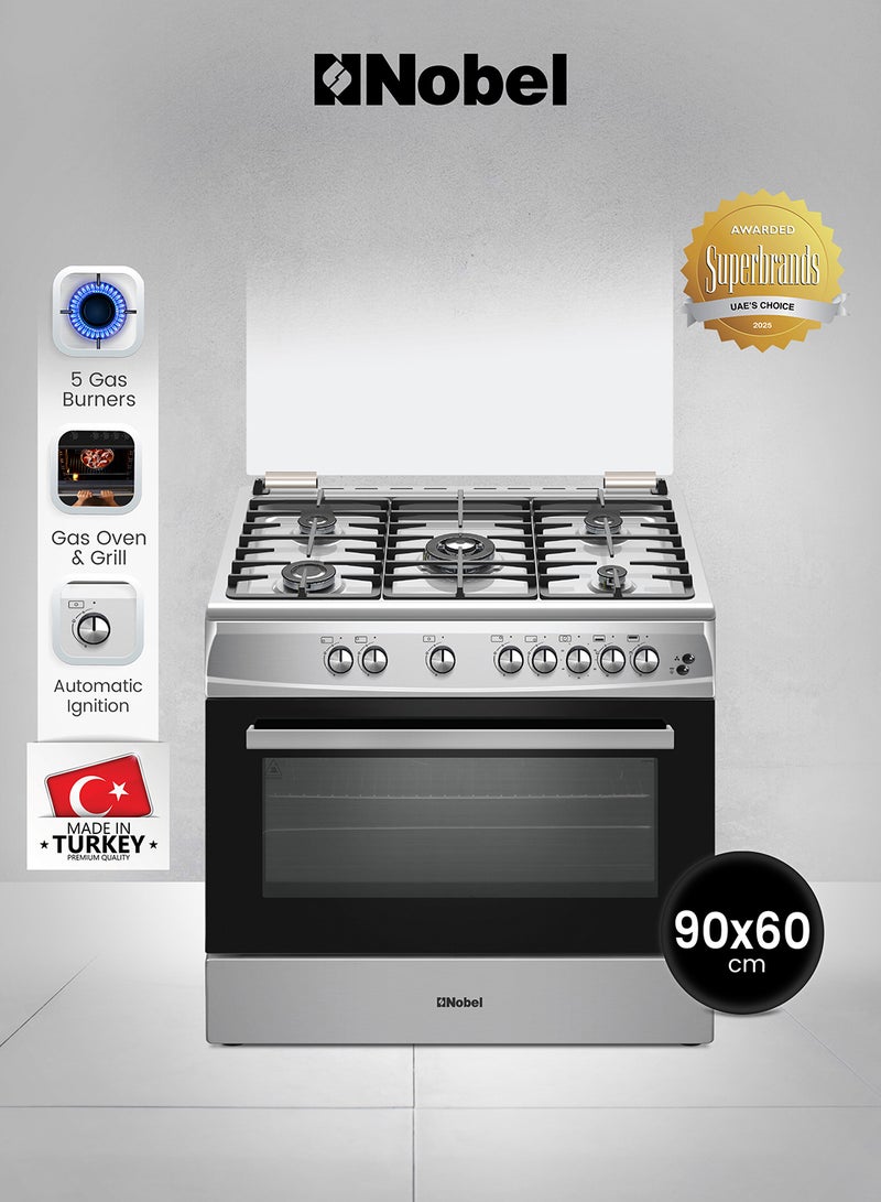 نوبل طباخ غاز 90 × 60، 5 شعلات غاز، فرن غاز وشواية غاز، 8 مقابض تحكم، زر إشعال يدوي، غطاء من الفولاذ المقاوم للصدأ، ضوء داخلي، 63 × 90 × 90 سم، فضي، صنع في تركيا - Image 1