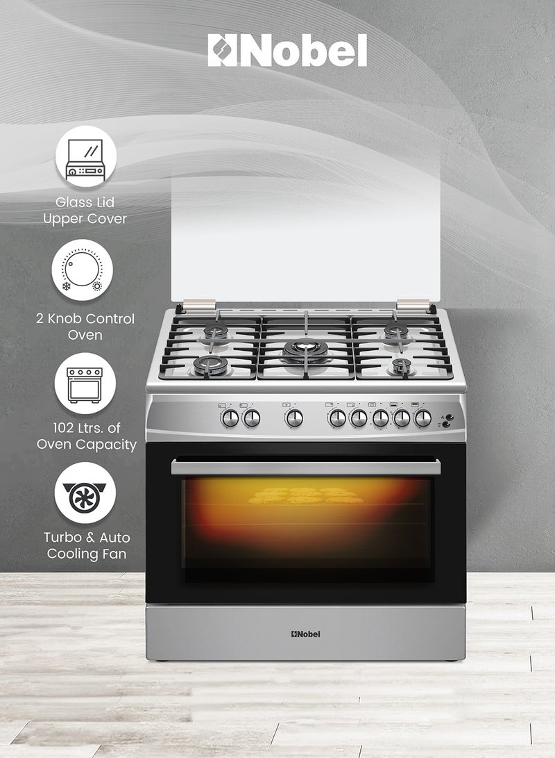 نوبل طباخ غاز 90 × 60، 5 شعلات غاز، فرن غاز وشواية غاز، 8 مقابض تحكم، زر إشعال يدوي، غطاء من الفولاذ المقاوم للصدأ، ضوء داخلي، 63 × 90 × 90 سم، فضي، صنع في تركيا - Image 3
