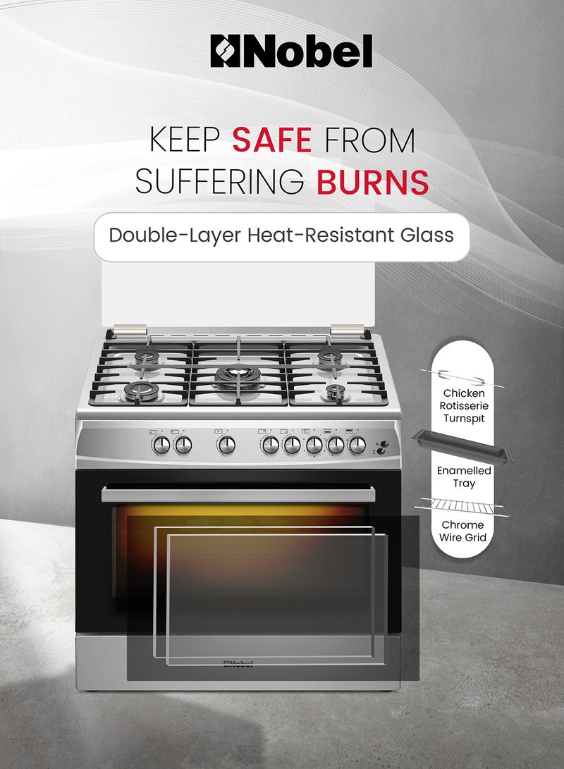 نوبل طباخ غاز 90 × 60، 5 شعلات غاز، فرن غاز وشواية غاز، 8 مقابض تحكم، زر إشعال يدوي، غطاء من الفولاذ المقاوم للصدأ، ضوء داخلي، 63 × 90 × 90 سم، فضي، صنع في تركيا - Image 4