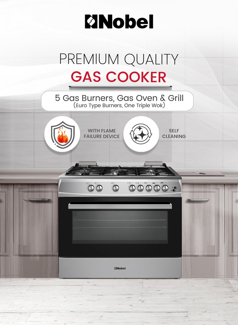 نوبل طباخ غاز 90 × 60، 5 شعلات غاز، فرن غاز وشواية غاز، 8 مقابض تحكم، زر إشعال يدوي، غطاء من الفولاذ المقاوم للصدأ، ضوء داخلي، 63 × 90 × 90 سم، فضي، صنع في تركيا - Image 2