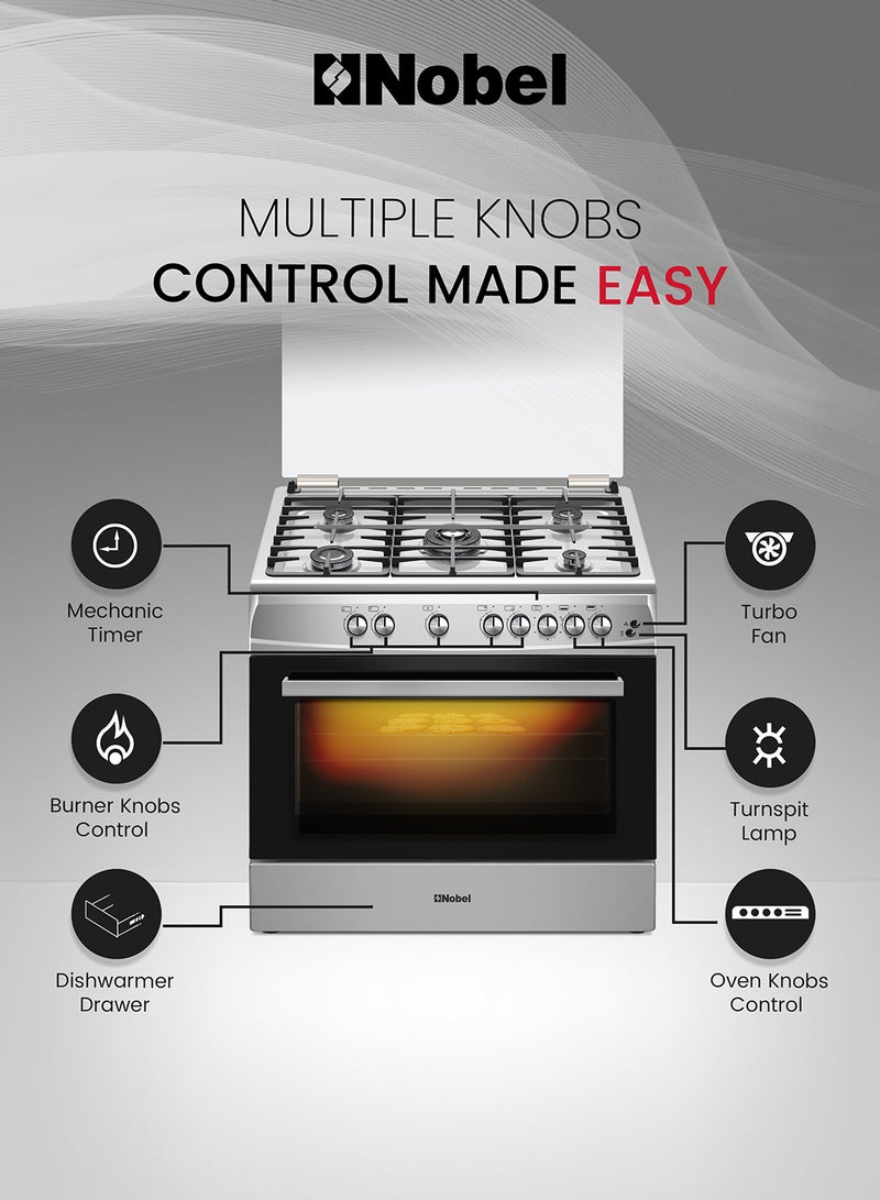 نوبل طباخ غاز 90 × 60، 5 شعلات غاز، فرن غاز وشواية غاز، 8 مقابض تحكم، زر إشعال يدوي، غطاء من الفولاذ المقاوم للصدأ، ضوء داخلي، 63 × 90 × 90 سم، فضي، صنع في تركيا - Image 5