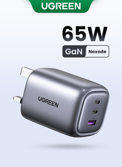 Nexode 65W USB C Charger 3 Ports Foldable GaN Laptop Charger Type C Fast Wall Charger Plug Compatible With MacBook Pro Air HP Dell Lenovo iPad Pro Air iPhone 16 15 Pro Max Galaxy S24 23 Apple Watch S10 Grey