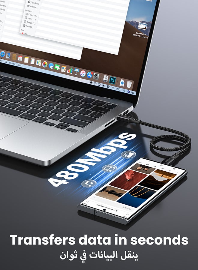 يو جرين كيبل شحن USB C سريع 100 واط بطول 1 متر، كيبل شحن سريع PD3.0 SCP BC1.2 5 امبير، كيبل type C مضفر لاجهزة ايباد ميني 6، ماك بوك برو، اير، ايباد برو 12.9 انش، سلسلة ايفون 15،سامسونج S23+، هواوي P60، الخ أسود أسود  - Image 4