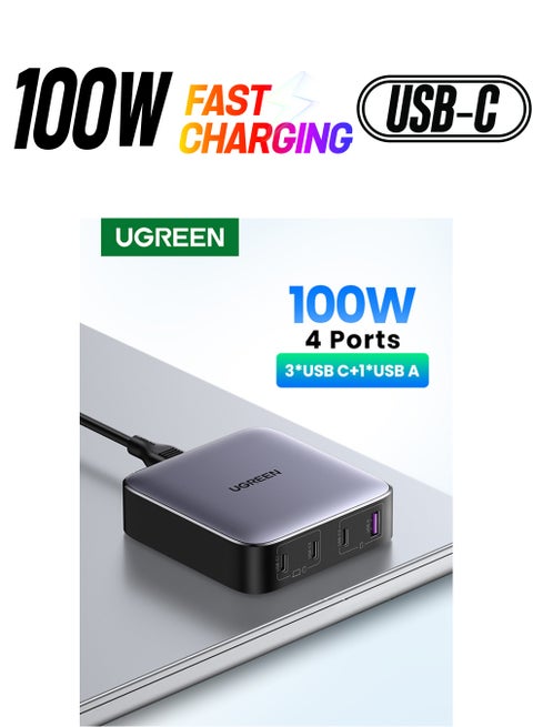 شاحن لابتوب GaN 100W سريع 4 منافذ تايب سي قابس جداري يواس بي سي متوافق مع ماك بوك برو / ماك بوك اير / لينوفو / HP / هواوي / ايفون / سامسونج جالاكسي / ون بلس / شاومى / بنك الطاقة والأجهزة الأخرى رمادي