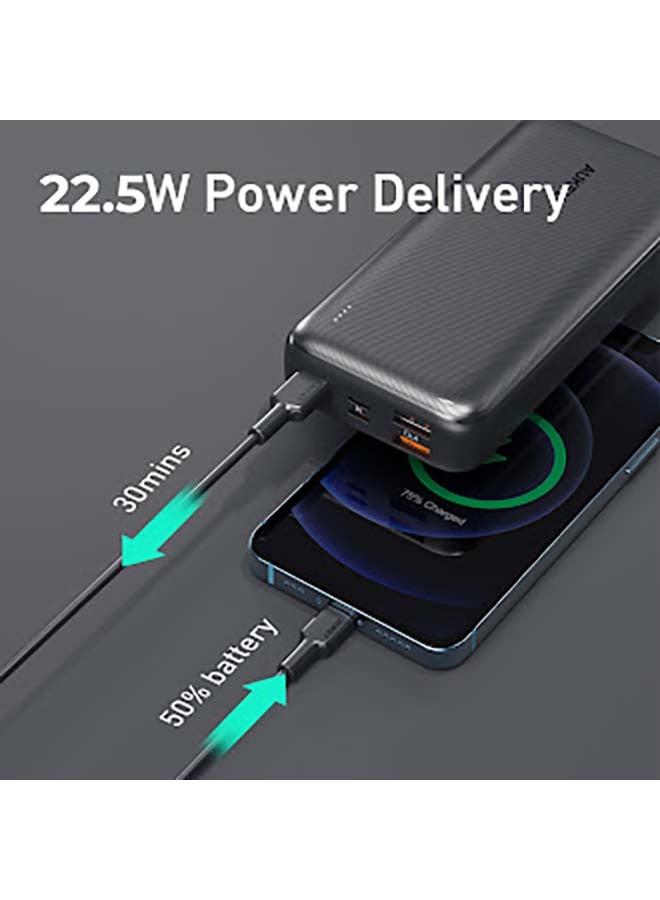 Aukey - 20000 mAh Power Bank, 22.5W Fast Charging Portable Charger with PD 3.0 & QC 3.0, Charges Three Devices at Once (Lightning, Micro USB, USB C) Black - Image 1