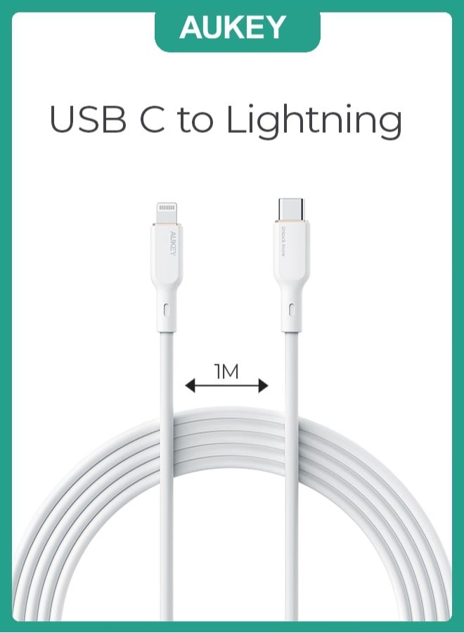 Aukey Silicone Sync & Charge MFI Cable USB-C To Lightning 1M SCL1 White - Image 1