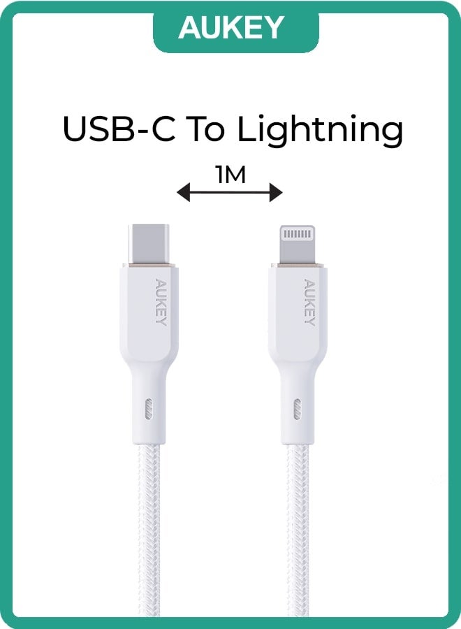 Aukey Braided Nylon Sync & Charge MFI Cable USB-C To Lightning 1M NCL1 White - Image 1