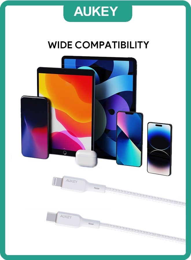 Aukey Braided Nylon Sync & Charge MFI Cable USB-C To Lightning 1M NCL1 White - Image 2