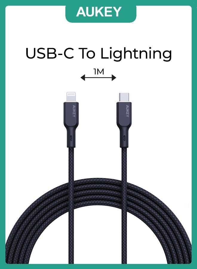 Aukey Braided Nylon Sync & Charge MFI Cable USB-C To Lightning 1M NCL1 Black - Image 1