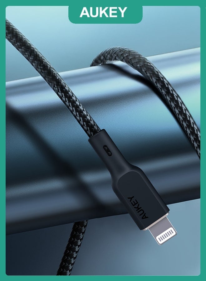 Aukey Braided Nylon Sync & Charge MFI Cable USB-C To Lightning 1M NCL1 Black - Image 2