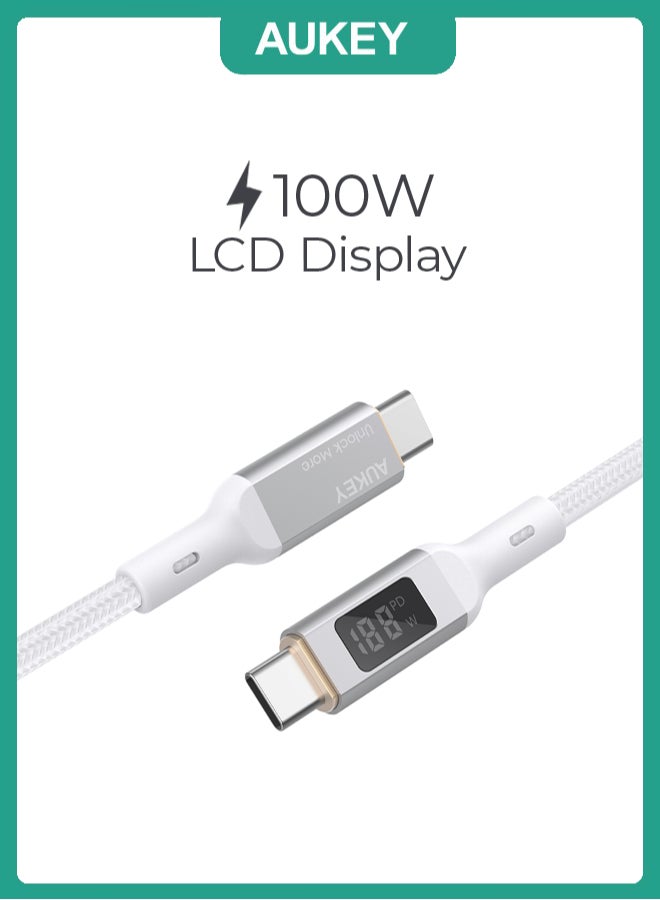 Aukey 100W PD Nylon Braided USB-C To USB-C Cable with LCD 1.8M MCC102 White - Image 1
