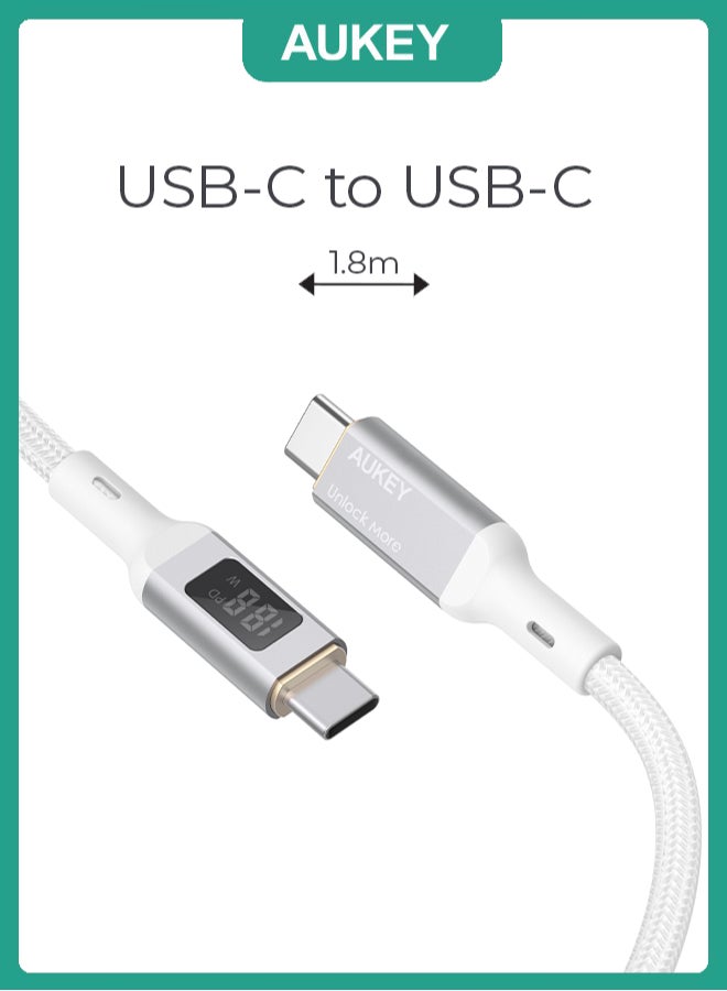 Aukey 100W PD Nylon Braided USB-C To USB-C Cable with LCD 1.8M MCC102 White - Image 2