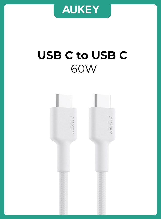 Aukey Braided Nylon USB C to USB C Cable 0.9m Fast charge Cable USB C to USB C For iPhone 16 15 Pro Max iPad mini 6 MacBook Pro Air M3 M2 M1 iPad Pro Samsung S24 S23 Ultra Laptop Lenovo Dell Xiaomi White White - Image 1
