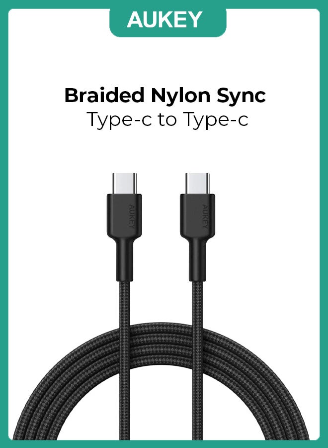 Aukey Braided Nylon USB C to USB C Cable 0.9m Fast charge Cable USB C to USB C For iPhone 16 15 Pro Max iPad mini 6 MacBook Pro Air M3 M2 M1 iPad Pro Samsung S24 S23 Ultra Laptop Lenovo Dell Xiaomi black Black - Image 1