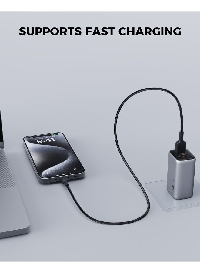 Aukey USB-A to Lightning Cable Nylon Braided   MFi Certified Fast Charging Cable for iPhone 14/14 Plus/14 Pro/14 Pro Max/13/12/11/X Series Black - Image 2