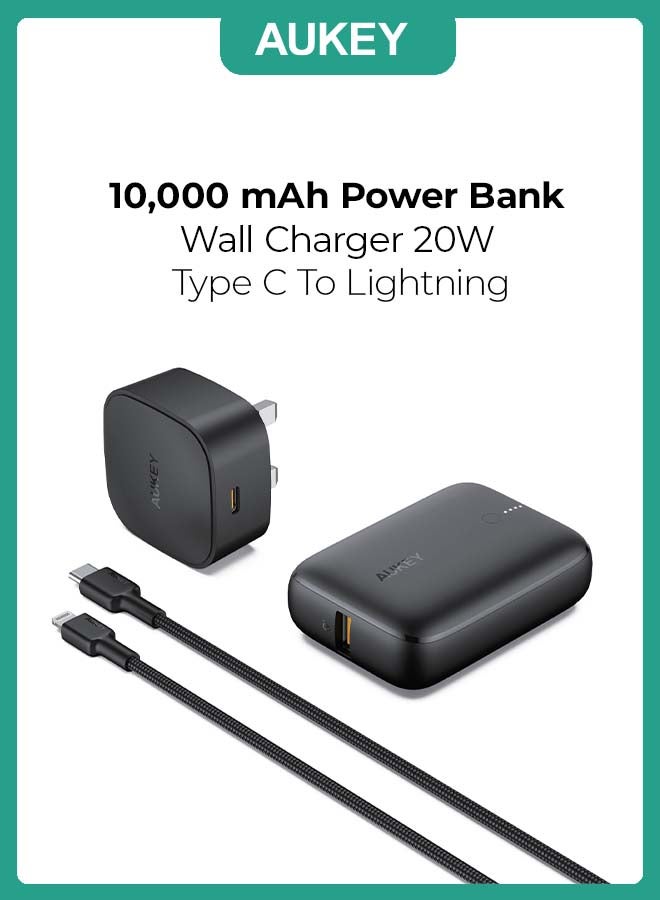 Aukey Kit On The GO BundleI  PD Charger 20W With MFI USBC To Lightning Cable And PD 20W 10000 mAh Power Bank Black - Image 1