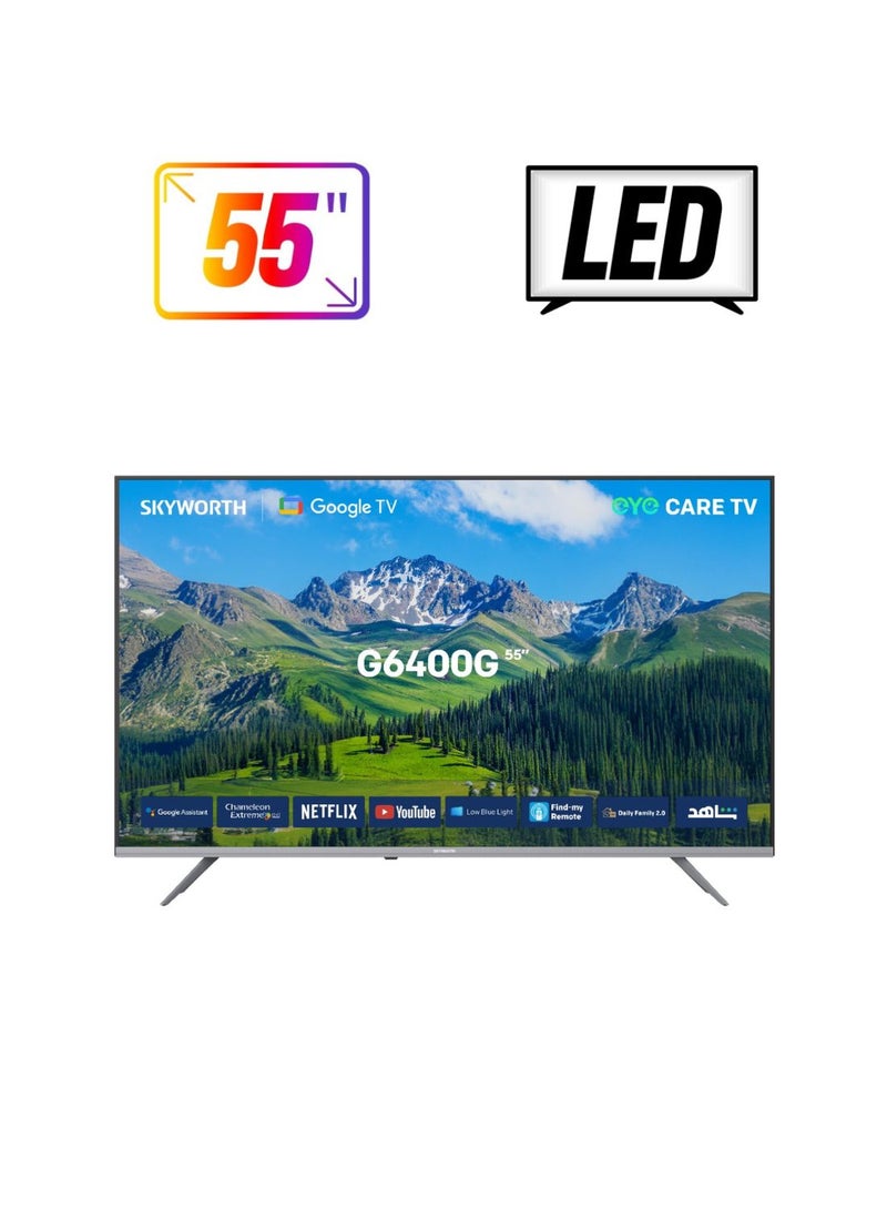 سكاي ورث - تلفزيون مقاس 55 بوصة UHD 4K 60Hz LED، يدعم HDR10/HLG، يحتوي على 3× HDMI، 2× USB، صوت Dolby، واي فاي مزدوج، بلوتوث 5.1، متجر Google Play، وميزة العثور على جهاز التحكم. 55G6400G اسود - Image 1