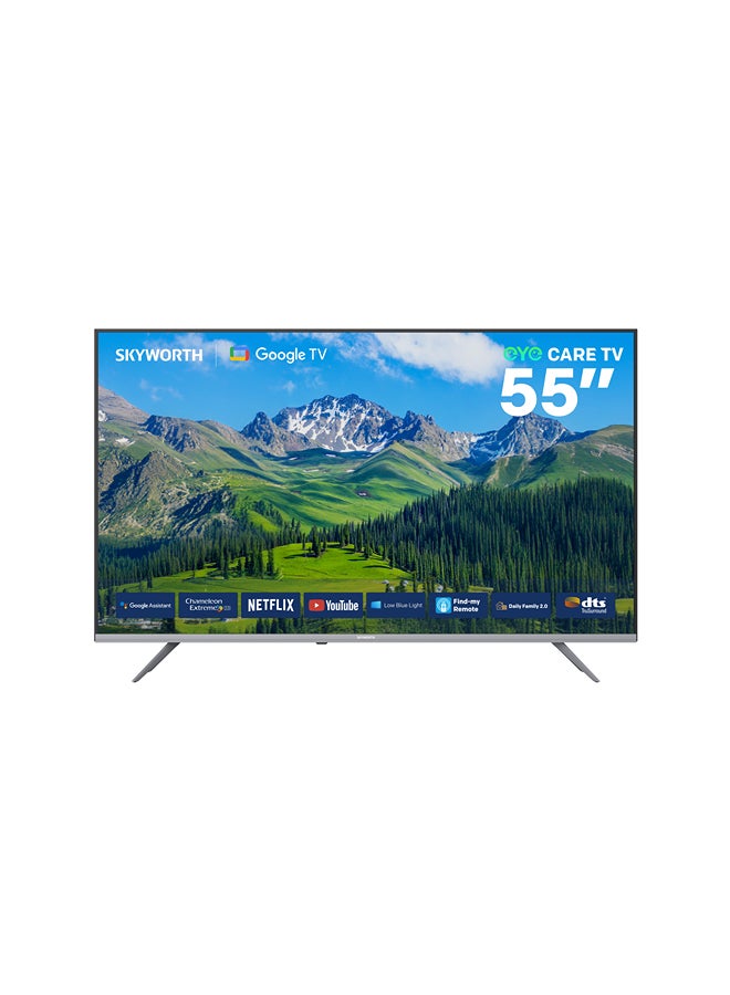 سكاي ورث تلفزيون مقاس 55 بوصة UHD 4K 60Hz LED، يدعم HDR10/HLG، يحتوي على 3× HDMI، 2× USB، صوت Dolby، واي فاي مزدوج، بلوتوث 5.1، متجر Google Play، وميزة العثور على جهاز التحكم. 55G6400G اسود - Image 1