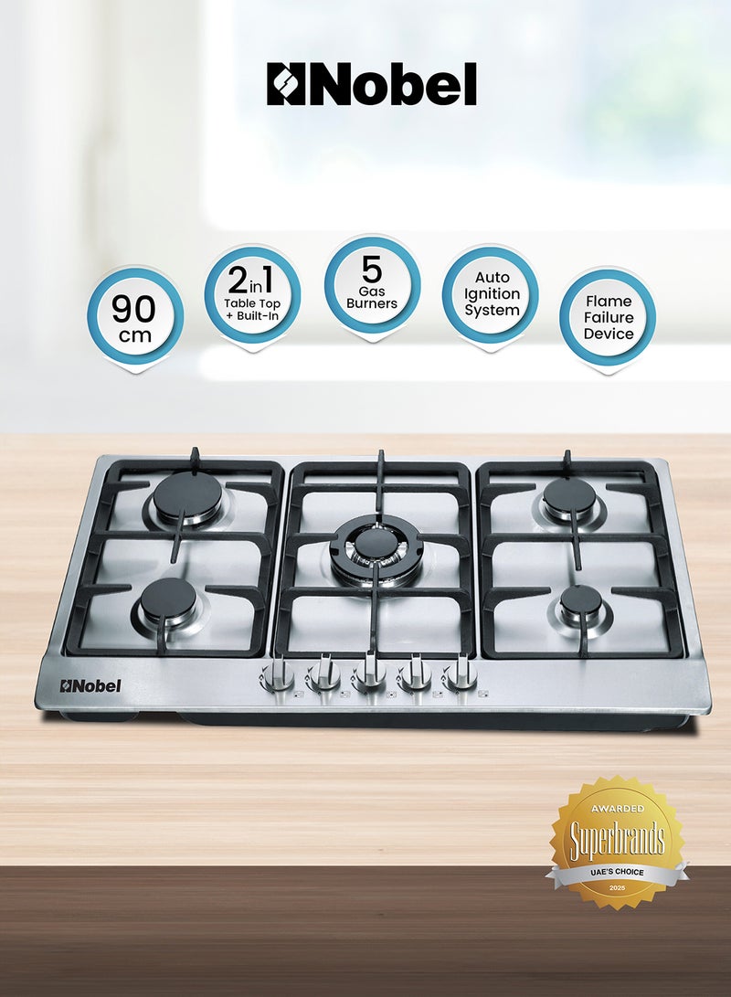 Nobel Built In Hobs Stainless Steel 5 Gas Burners NBH9501 Silver - Image 1
