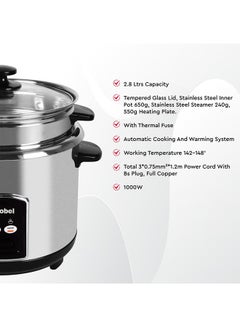 Nobel Rice Cooker Stainless Steel Tempered Glass Lid With Thermal Fuse Automatic Cooking And Warming System  1000 W 2.8 L 1000 W NRC280S Stainless Steel  - Image 4