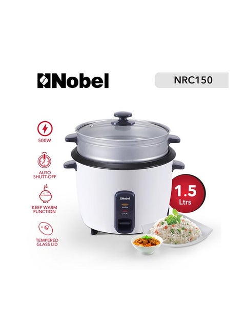 Rice Cooker With Thermal Fuse & Tempered Glass Lid, Automatic Cooking & Warming System with Auto shut off 1.5 L 500 W NRC150 White