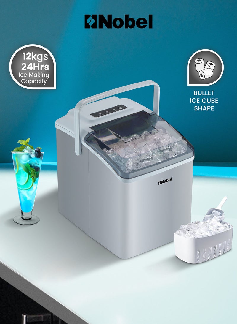 Nobel - Bullet Shaped Ice Cube Maker 10-12kgs/24 Hrs Ice Making Capacity with 9pcs Ice in 8 Minutes Per Cycle|1.3 L Water Container Capacity with LED Indicator 1.3 L 150 W NIM13S Silver - Image 1