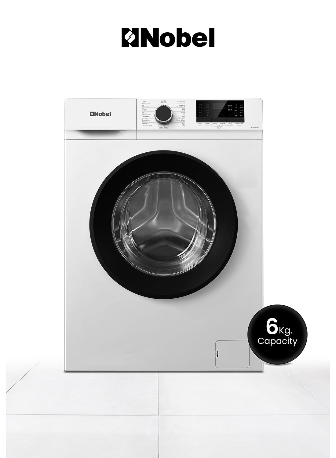 6 Kgs Front Fully Load Automatic Washer, Knob And Button Control, LED Display, 15 Nos. of Programs, Universal Motor, Stainless Steel Drum Type, Child lock, Over flow Safety, 60 x 46.5 x 84 cm NWM760RH White 