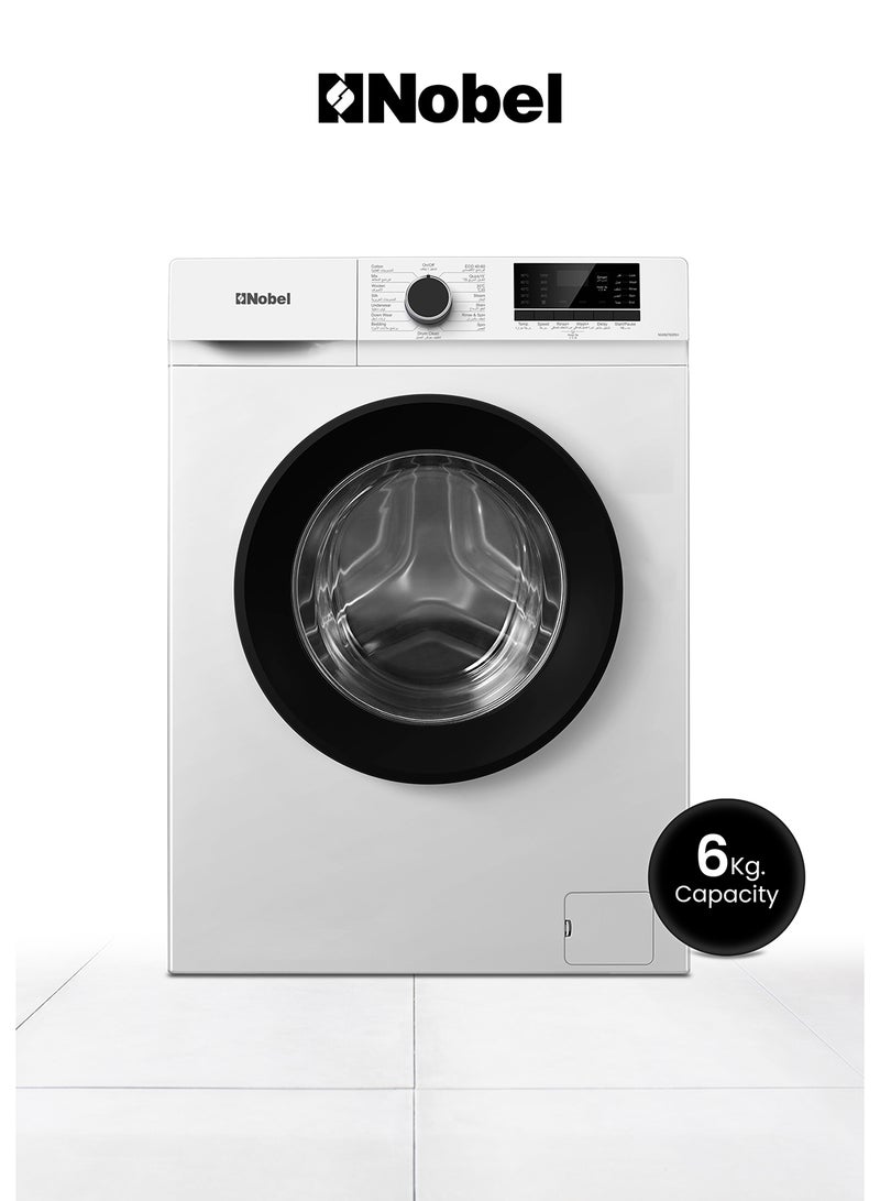 نوبل - غسالة أوتوماتيكية ذات تحميل أمامي كامل سعة 6 كجم، تحكم في المقبض والزر، شاشة LED، 15 برنامجًا، محرك عالمي، نوع الأسطوانة من الفولاذ المقاوم للصدأ، قفل للأطفال، أمان التدفق الزائد، 60 × 46.5 × 84 سم - Image 1