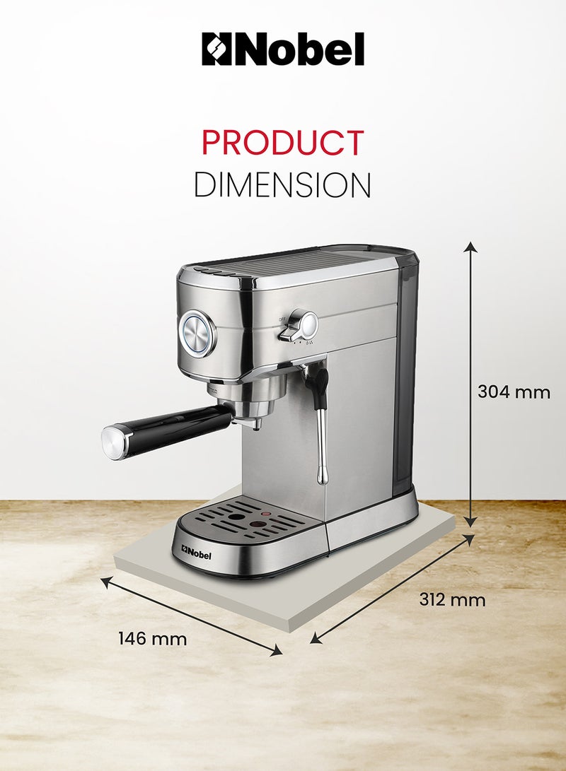 Nobel - Detachable Transparent Water Tank Coffee Machine with 15-Bar Professional Pressure, Espresso Automatic Dispenses With Cappuccino High Pressure 1 L 1250 W NCM15 Silver - Image 1