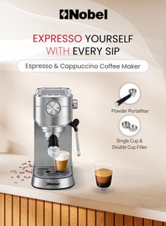 Nobel Detachable Transparent Water Tank Coffee Machine with 15-Bar Professional Pressure, Espresso Automatic Dispenses With Cappuccino High Pressure 1 L 1250 W NCM15 Silver  - Image 2