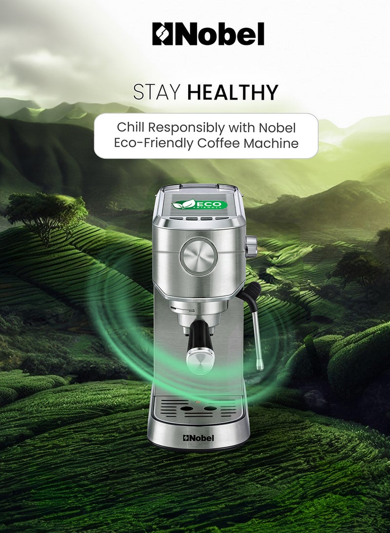 Nobel - Detachable Transparent Water Tank Coffee Machine with 15-Bar Professional Pressure, Espresso Automatic Dispenses With Cappuccino High Pressure 1 L 1250 W NCM15 Silver - Image 1