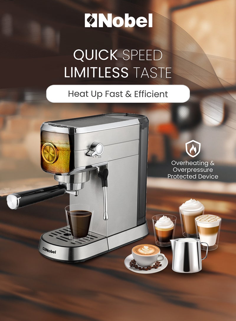 Nobel - Detachable Transparent Water Tank Coffee Machine with 15-Bar Professional Pressure, Espresso Automatic Dispenses With Cappuccino High Pressure 1 L 1250 W NCM15 Silver - Image 1