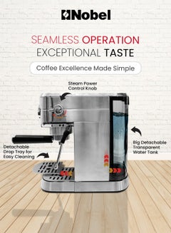 Nobel Detachable Transparent Water Tank Coffee Machine with 15-Bar Professional Pressure, Espresso Automatic Dispenses With Cappuccino High Pressure 1 L 1250 W NCM15 Silver  - Image 5