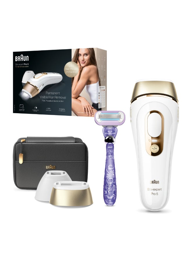 BRAUN Silk·Expert Pro 5, At-Home Laser, Ipl Hair Removal Device, Permanent Visible Hair Removal, 1 Standard And 1 Precision Head & Venus Razor, Gift For Women, Pl5147 Gold/White 