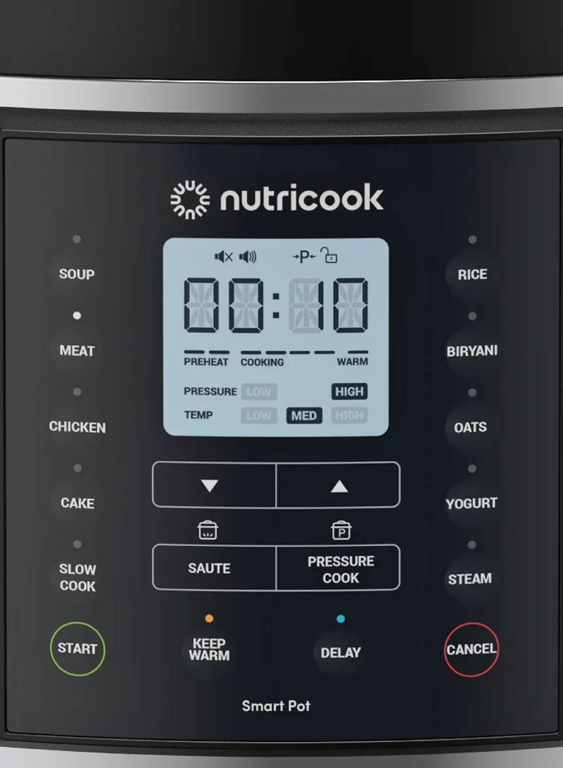 nutricook Electric Pressure Cooker,9.5 Liters, Smart Pot 2 Plus, 9 in 1 Rice Cooker, Slow Cooker, Steamer, Sauté Pot, Yogurt Maker, Soup Maker, Cake Maker, Food Warmer , 13 Smart Programs, 9.5 L 1500 W SP210L Silver/ Black