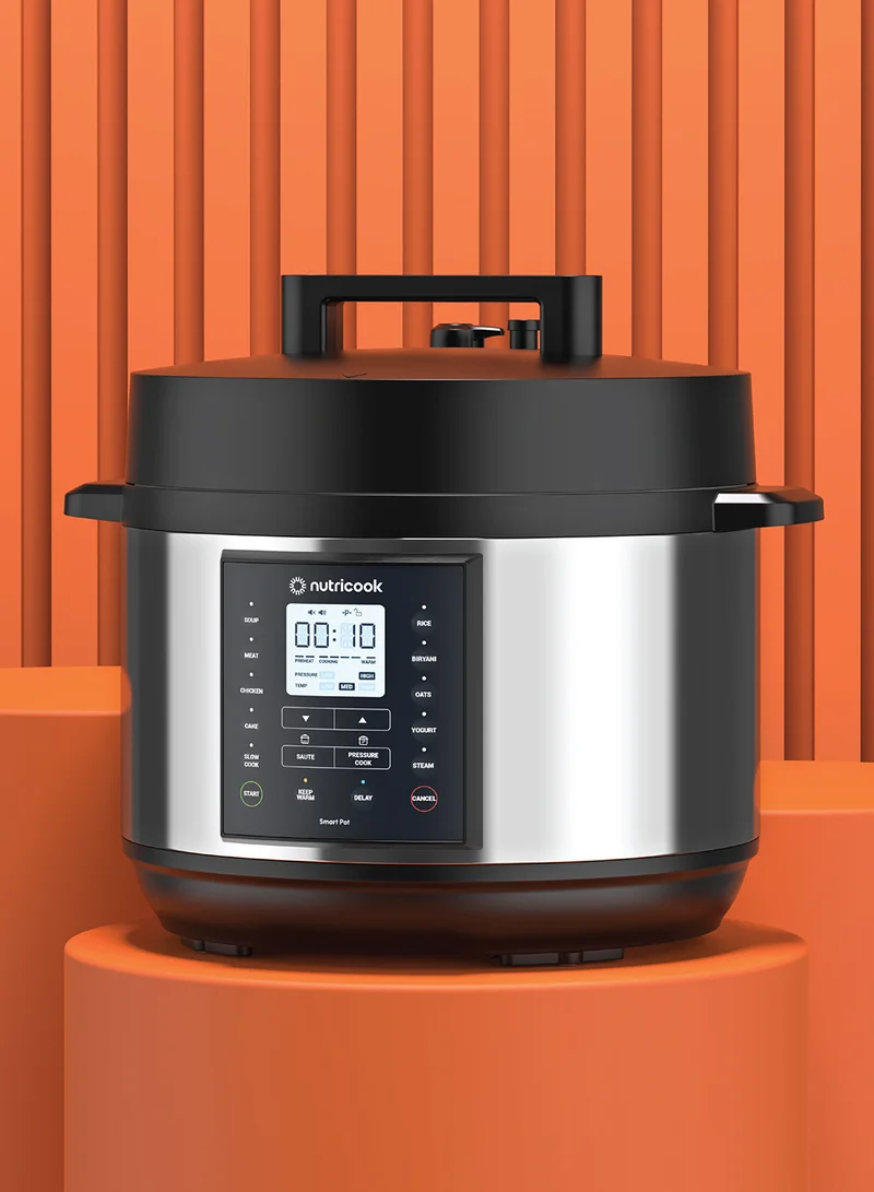 nutricook Electric Pressure Cooker,9.5 Liters, Smart Pot 2 Plus, 9 in 1 Rice Cooker, Slow Cooker, Steamer, Sauté Pot, Yogurt Maker, Soup Maker, Cake Maker, Food Warmer , 13 Smart Programs, 9.5 L 1500 W SP210L Silver/ Black