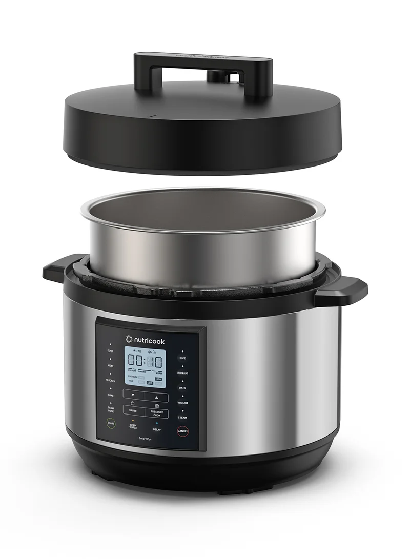 nutricook Electric Pressure Cooker,9.5 Liters, Smart Pot 2 Plus, 9 in 1 Rice Cooker, Slow Cooker, Steamer, Sauté Pot, Yogurt Maker, Soup Maker, Cake Maker, Food Warmer , 13 Smart Programs, 9.5 L 1500 W SP210L Silver/ Black