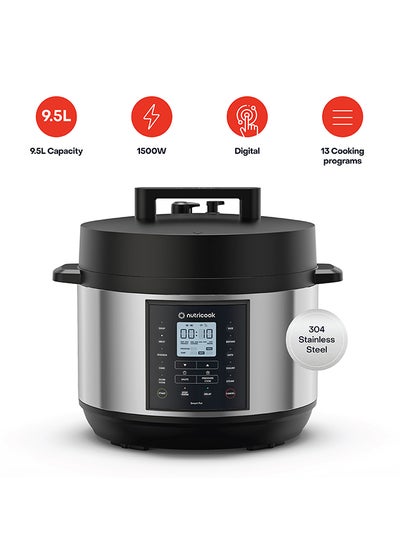 nutricook Electric Pressure Cooker,9.5 Liters, Smart Pot 2 Plus, 9 in 1 Rice Cooker, Slow Cooker, Steamer, Sauté Pot, Yogurt Maker, Soup Maker, Cake Maker, Food Warmer , 13 Smart Programs, 9.5 L 1500 W NC-SP210L Silver/ Black