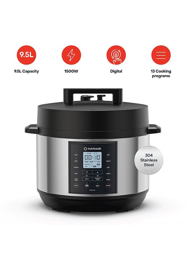 nutricook Electric Pressure Cooker,9.5 Liters, Smart Pot 2 Plus, 9 in 1 Rice Cooker, Slow Cooker, Steamer, Sauté Pot, Yogurt Maker, Soup Maker, Cake Maker, Food Warmer , 13 Smart Programs, 9.5 L 1500 W NC-SP210L Silver/ Black - Image 1