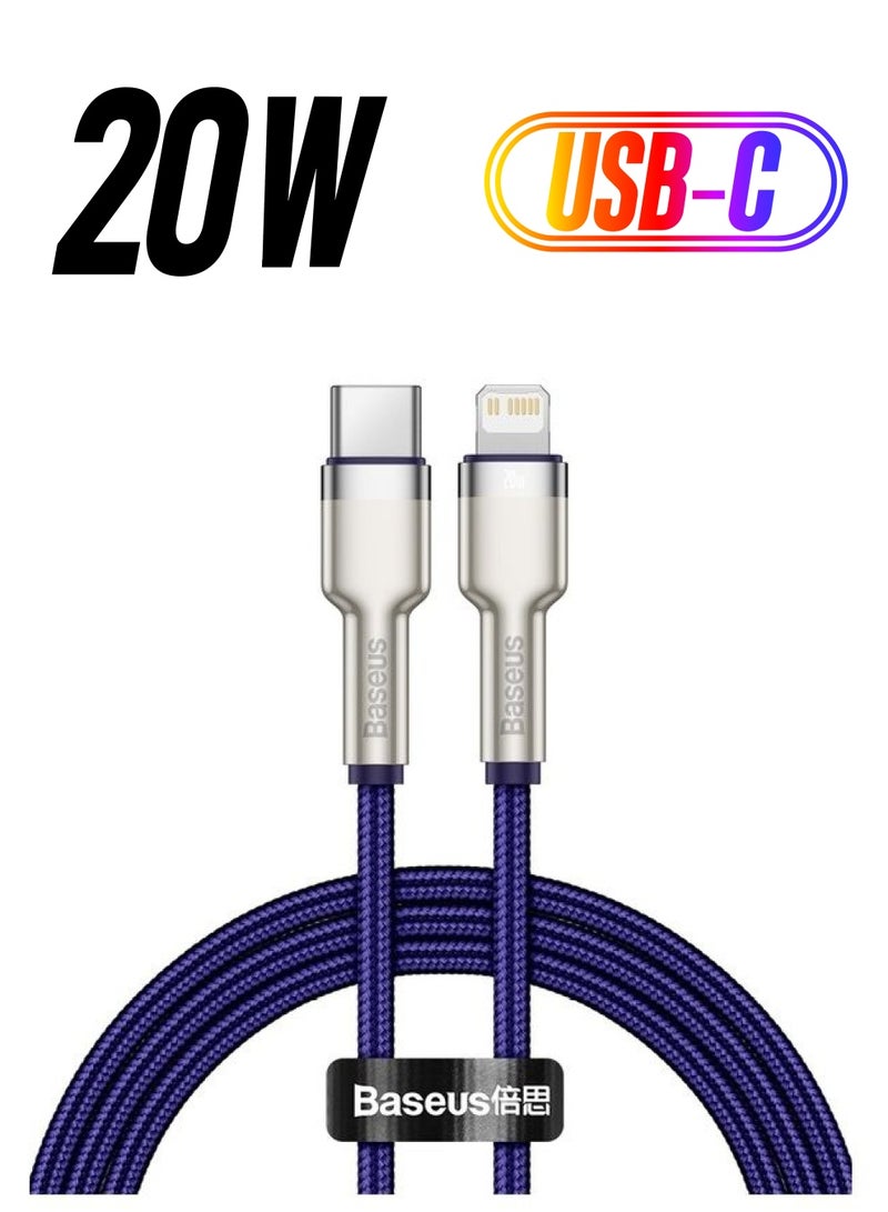 Baseus - USB C to Lightning Braided Nylon Fast Charging Data Transfer Cable 20W Power Delivery for iPhone 14/ 14 Pro Max/ 13 Pro/13 Pro Max/13/13 mini/ iPad 9/ 12 mini/12/12 Pro and All Lightning Series Silver/Purple - Image 1