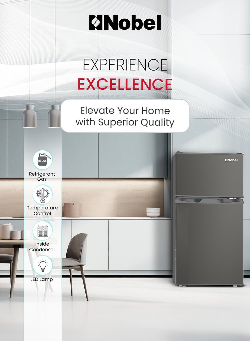 Nobel - 120 L Gross / 95 L Net, Double Door Refrigerator, Defrost, R600a Refrigerant, 3 Star Esma, Temperature Control, Inside light, Inside Condenser, Climate Class T, Removable Gasket, Adjustable Foot, Inside Evaporator NR120S Dark Silver - Image 1