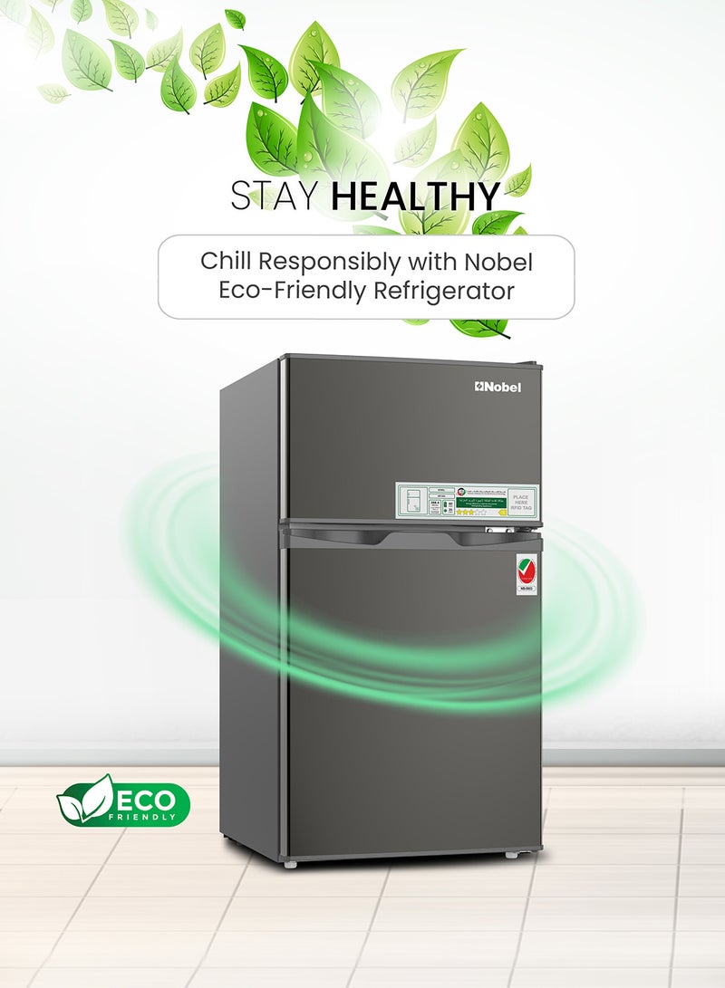 Nobel - 120 L Gross / 95 L Net, Double Door Refrigerator, Defrost, R600a Refrigerant, 3 Star Esma, Temperature Control, Inside light, Inside Condenser, Climate Class T, Removable Gasket, Adjustable Foot, Inside Evaporator NR120S Dark Silver - Image 1
