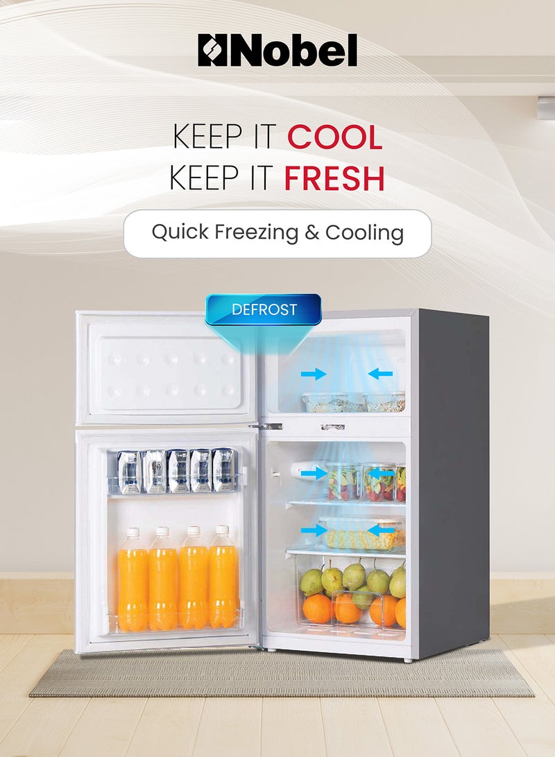 Nobel - 120 L Gross / 95 L Net, Double Door Refrigerator, Defrost, R600a Refrigerant, 3 Star Esma, Temperature Control, Inside light, Inside Condenser, Climate Class T, Removable Gasket, Adjustable Foot, Inside Evaporator NR120S Dark Silver - Image 1