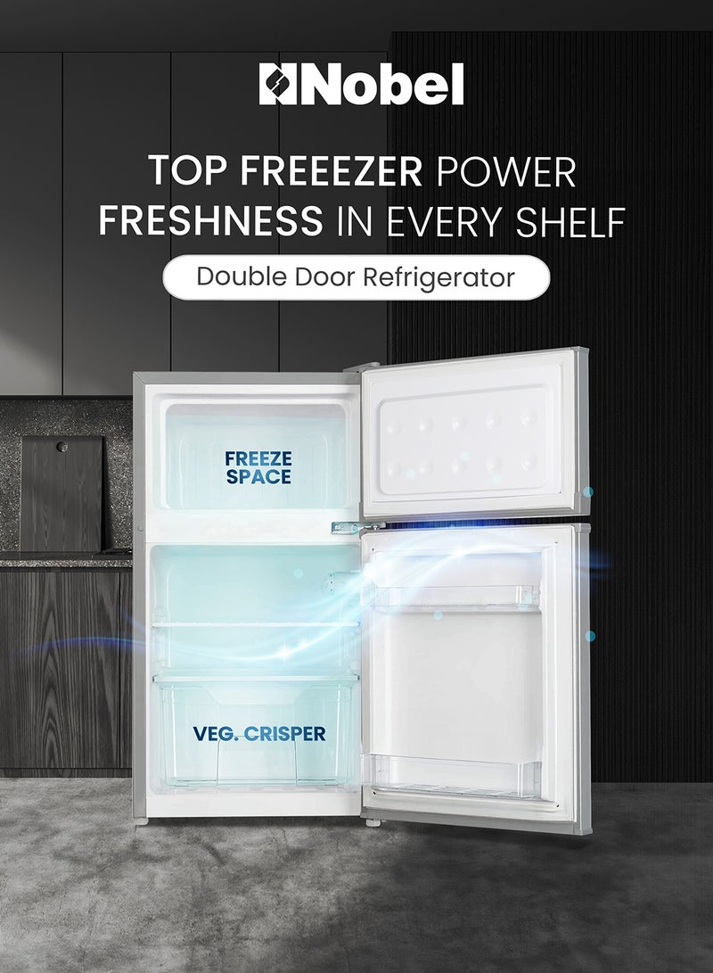 Nobel - 120 L Gross / 95 L Net, Double Door Refrigerator, Defrost, R600a Refrigerant, 3 Star Esma, Temperature Control, Inside light, Inside Condenser, Climate Class T, Removable Gasket, Adjustable Foot, Inside Evaporator NR120S Dark Silver - Image 1