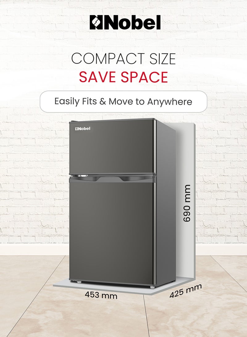 Nobel - 120 L Gross / 95 L Net, Double Door Refrigerator, Defrost, R600a Refrigerant, 3 Star Esma, Temperature Control, Inside light, Inside Condenser, Climate Class T, Removable Gasket, Adjustable Foot, Inside Evaporator NR120S Dark Silver - Image 1