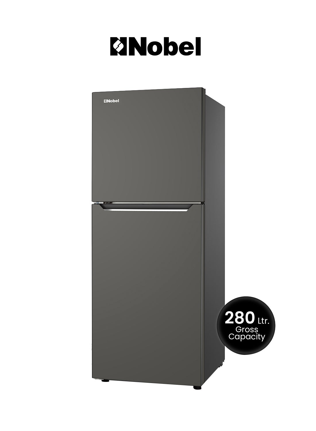 Nobel 280 L Gross / 196 L Net, No frost Double Door Refrigerators, R600a Refrigerant, Temperature Control, Inside Light, Inside Condenser, Glass shelf, Vegetable Crisper Bottle Rack, Freezer Shelf, 40(dB) Noise Level NR280NF Dark Silver 