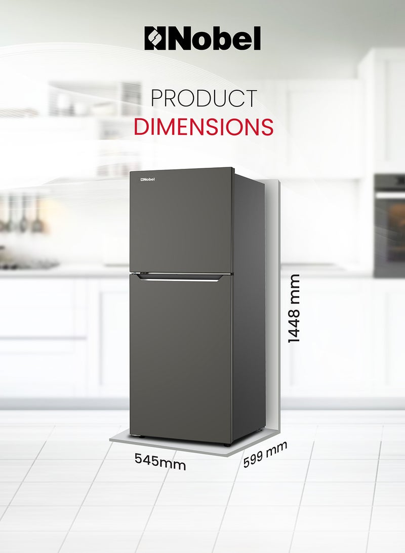Nobel - 280 L Gross / 196 L Net, No frost Double Door Refrigerators, R600a Refrigerant, Temperature Control, Inside Light, Inside Condenser, Glass shelf, Vegetable Crisper Bottle Rack, Freezer Shelf, 40(dB) Noise Level NR280NF Dark Silver - Image 1