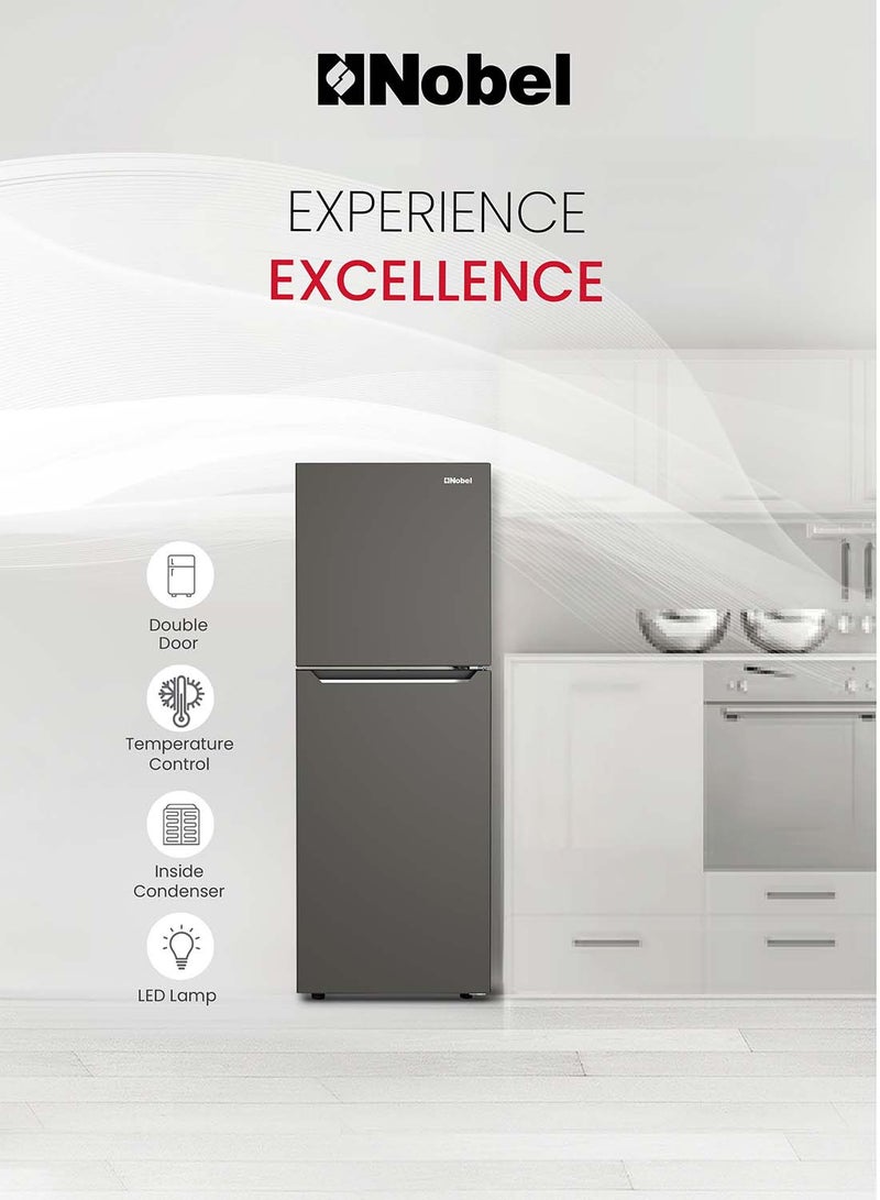 Nobel - 280 L Gross / 196 L Net, No frost Double Door Refrigerators, R600a Refrigerant, Temperature Control, Inside Light, Inside Condenser, Glass shelf, Vegetable Crisper Bottle Rack, Freezer Shelf, 40(dB) Noise Level NR280NF Dark Silver - Image 1