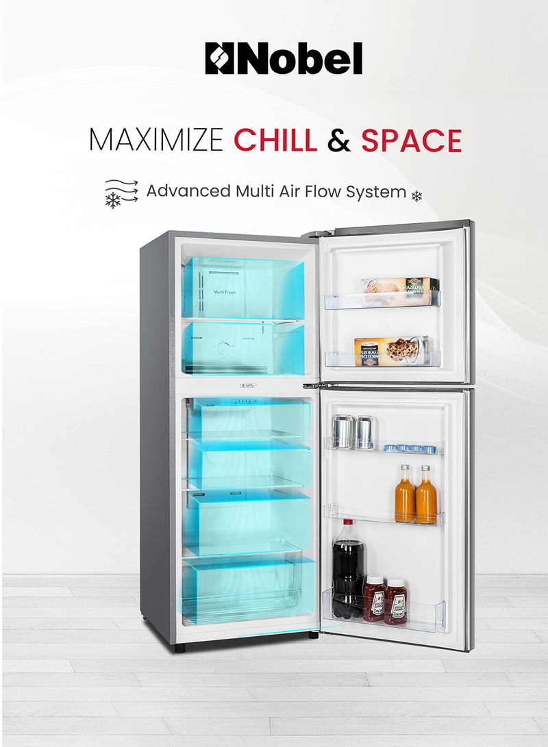 Nobel - 280 L Gross / 196 L Net, No frost Double Door Refrigerators, R600a Refrigerant, Temperature Control, Inside Light, Inside Condenser, Glass shelf, Vegetable Crisper Bottle Rack, Freezer Shelf, 40(dB) Noise Level NR280NF Dark Silver - Image 1