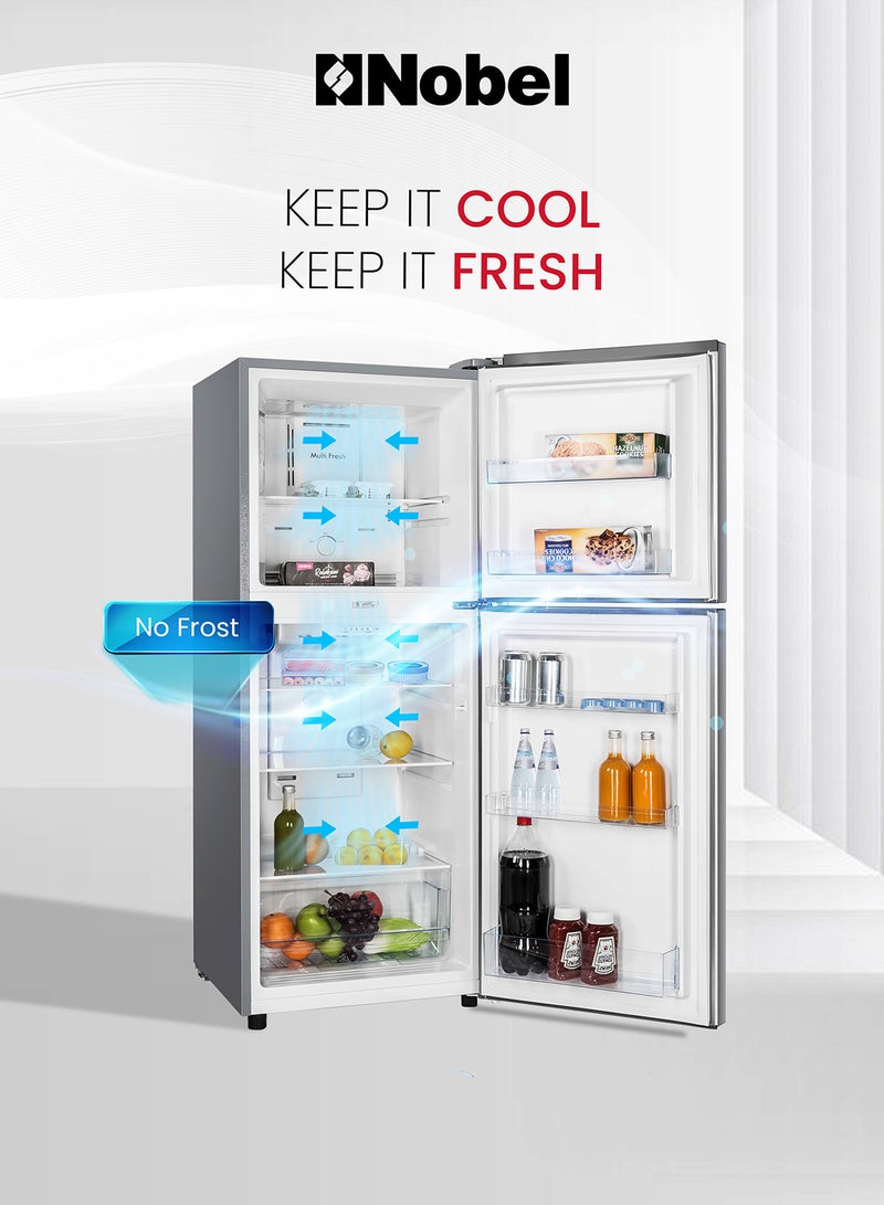 Nobel - 280 L Gross / 196 L Net, No frost Double Door Refrigerators, R600a Refrigerant, Temperature Control, Inside Light, Inside Condenser, Glass shelf, Vegetable Crisper Bottle Rack, Freezer Shelf, 40(dB) Noise Level NR280NF Dark Silver - Image 1